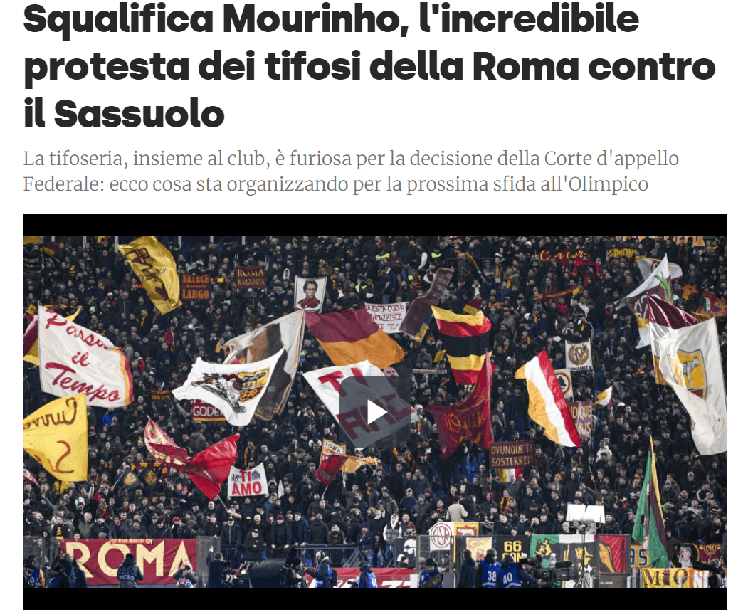 罗马球迷将在开球前挥舞白手帕 抗议穆里尼奥被禁赛 
