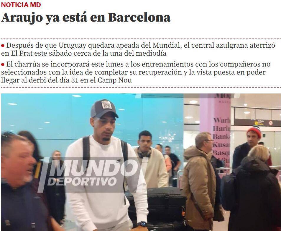 黑白体育直播新闻：在乌拉圭未能出线后，阿劳霍已回到巴塞罗那 