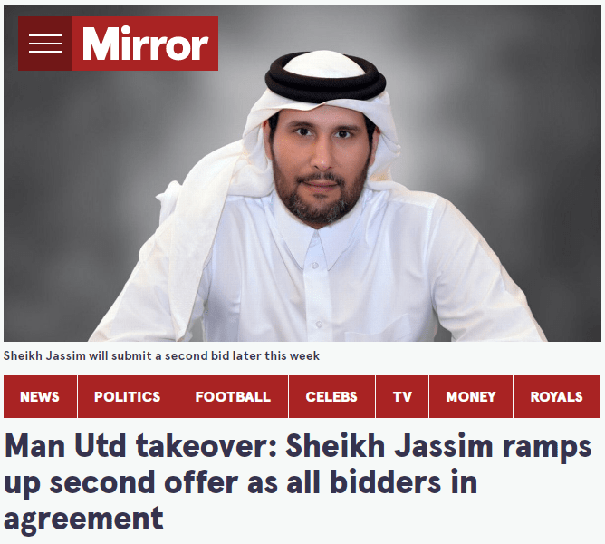 曼联收购案新进展：卡塔尔财团二次报价 前首富跟上 