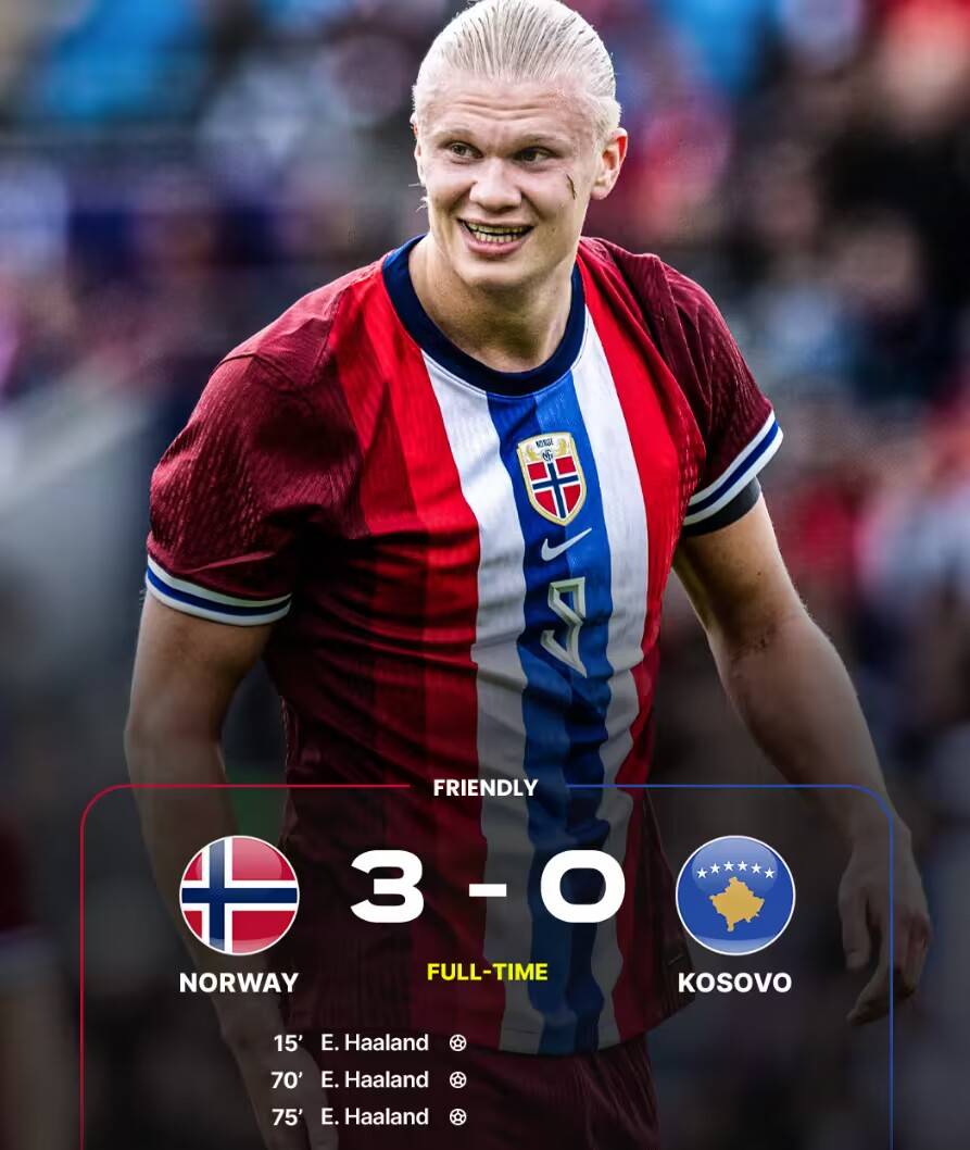 【英超资讯】哈兰德帽子戏法闪耀全场，挪威3-0胜却无缘欧洲杯，数据成唯一亮点